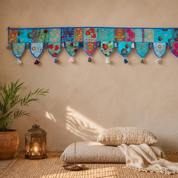 Large Indian Toran 6,5ft boho window decor |Hippie wall tapestry - colorful window valance - Maximalist home decor