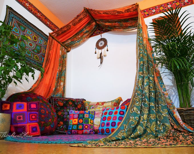 Boho Bed Canopy Wedding Saree Canopy Frame With Handcrafted Walnut Wood