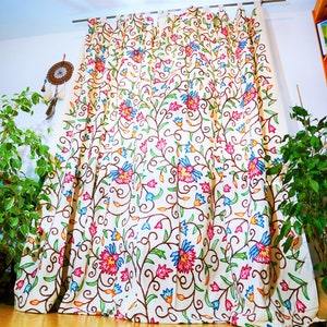 Kashmiri Curtain Custom made flower embroidery Curtain panel | Colorful curtains - Hippie bedroom drapes - handmade cotton and wool curtain