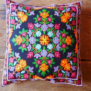 Kashmiri embroidery floor cushion - large boho throw pillow cover | Meditation cushion &quot;Shanti&quot; 24x24&quot;  hand embroidered floral | Cover only