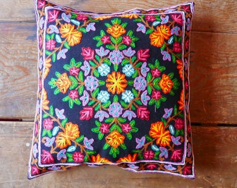 Kashmiri embroidery pillow 24" large boho throw pillow cover | Meditation cushion "Shanti" floor pillow hand embroidered floral | Cover only