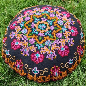 Kashmiri floor pillow "Shanti" round floor cushion cover | large meditation cushion - hand embroidered | bohemian floor seating | Cover only