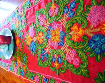 Boho table runner - Kashmiri Crewel embroidery | bohemian wall tapestry - hand embroidered table decor or colorful boho wall decor |