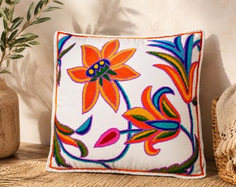 Poszewka na poduszkę podłogową z kaszmirskiego materiału 40×40 cm | Ręcznie haftowana wełna na bawełnie | Poduszka do medytacji