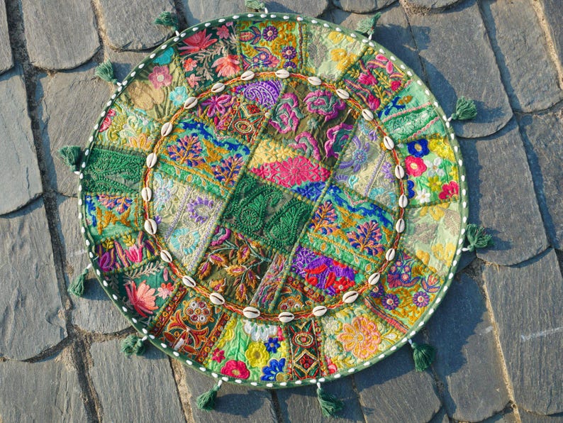 Large floor cushion - meditation cushion 24-30 " | round floor pillow cover - boho, hippie decor | Indian floor seating | Cover only Green