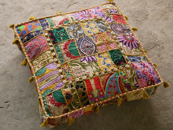 Stylo Culture Cuscini Da Pavimento Rotondi Etnici Per Letto Fodera Per Cuscino Patchwork Vintage Arancione Piccolo 18x18 Decorazione Decorativa Per Seduta Copri Pouf Poggiapiedi Cotone Ricamato 1 Pz