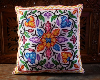 Embroidery Pillow Kashmiri Magic: Hand-Embroidered Throw Pillow Cover for boho style home decor - Indian handmade cushion cover