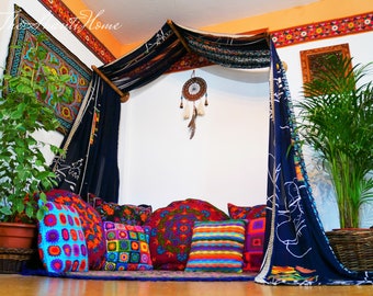 Bed canopy - Blue saree canopy frame with handcrafted walnut wood rods | bed curtains - Montessori bed - meditation space | bohemian bedroom