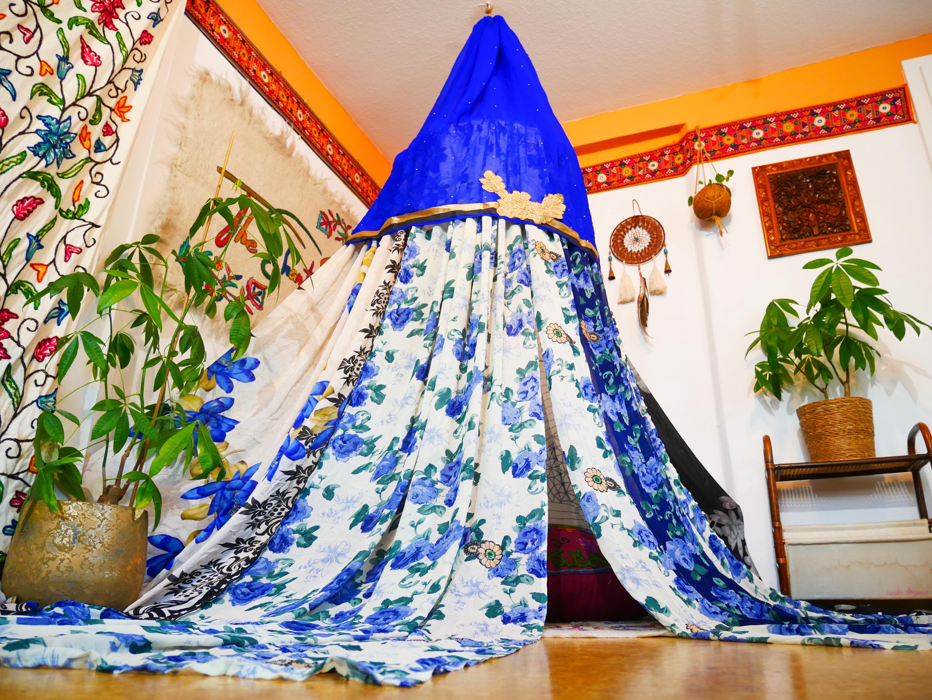 Saree Canopy - boho hanging tent "Shanti" bed canopy | bohemian wedding backdrop | meditation space - floor seating area | hippie glamping