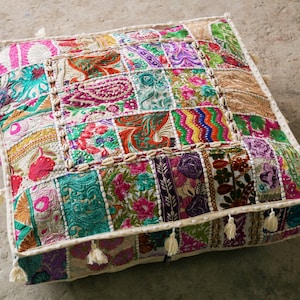 Meditation cushion Indian floor pillow cover - boho floor seating | patchwork floor pouf - bohemian cushion seating | handmade pillow cover