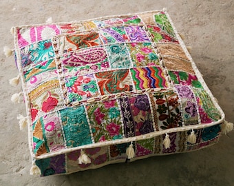 Meditation cushion Indian floor pillow cover - boho floor seating | patchwork floor pouf - bohemian cushion seating | handmade pillow cover