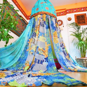 Saree Canopy - boho hanging tent "Shanti" bed canopy | bohemian wedding backdrop | meditation space - floor seating area | hippie glamping