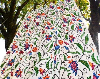 Cortina de cachemir bordada a mano - Largo personalizado - Cortina de algodón con bordado floral en lana para sala de estar/dormitorio