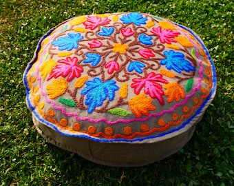 Kashmiri Meditation Cushion Hand-Embroidered Round Floor Pillow Cover for Yoga & Relaxation- Cover only