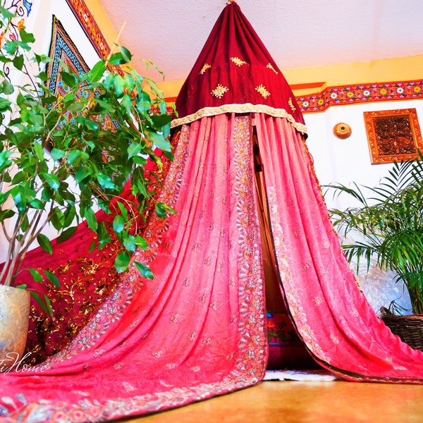 Boho hanging tent - Bed canopy - Saree Baldachin | bohemian bedroom - canopy curtain | meditation - floor seating area | Hippie decor tent