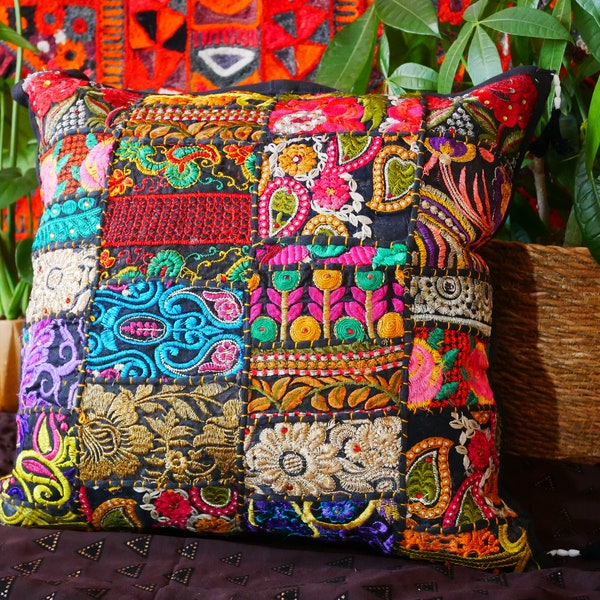 Oreiller patchwork indien - Housse d’oreiller hippie Oreiller Boho | Oriental indien, housses de coussin patchwork, cadeau yoga décoratif bohème