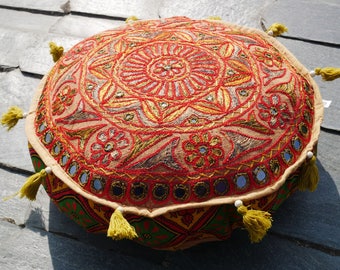 Coussin de sol brodé, coussin de siège mandala, pouf - housse indienne orientale ronde, coussin décoratif ottoman hippie shanti gitane
