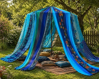 Boho Saree Umbrella Cover | Colorful Canopy for Garden & Patio | Handmade Sunshade Tent | Hippie Outdoor Decor tent | Sun Parasol Cover