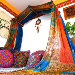 Boho bed canopy, Saree canopy frame with handcrafted walnut wood rods | bed curtains - Montessori bed - meditation space | bohemian bedroom