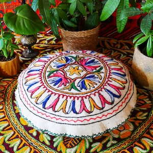 Kashmiri floor pillow - hand felted meditation cushion cover | optional buckheat filling | embroidered round floor pouf boho floor seating