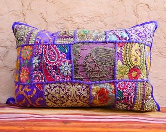 Hippie pillow saree cushion cover Indian throw pillow 24x16 colorful, decorative pillow case for bohemian decor | patchwork pillow COVER