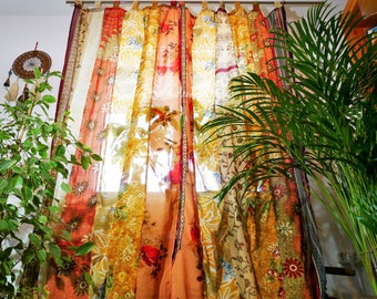 Rideaux Boho Rideaux indiens Rideaux sari Décoration de fenêtre Inde hippie | Rideau à baldaquin décoratif pour chambre à coucher