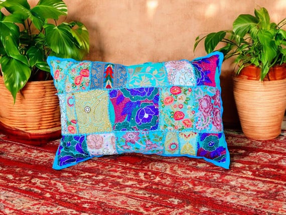 Bunter Sari Kissenbezug aus Indien – Patchwork Dekokissenhülle im Boho Stil