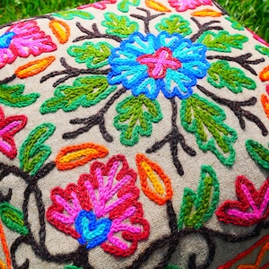 Embroidery Pillow Kashmiri Magic: Hand-Embroidered Throw Pillow Cover for boho style home decor - Indian handmade cushion cover