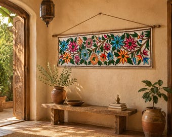 Kashmiri Wall Hanging & Table Runner – Hand-Embroidered Cotton and Wool, Flower Design 20x60"