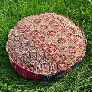 Round meditation cushion cover Kantha embroidery -boho floor cushion - bohemian throw pillow - Indian Hippie floor seating COVER ONLY