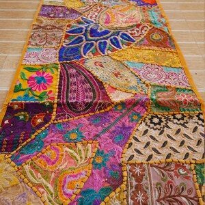 Handmade Indian Tapestry Wall Hanging Or Table Runner - 60x18 Inch, Yellow Patchwork Sari Embroidery, 100% Cotton