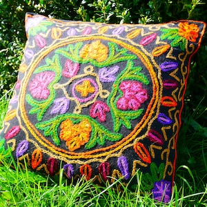 Boho throw pillow - Kashmiri flower mandala - embroidered cushion cover | handmade boho pillow - Colorful hippie sofa pillow cover