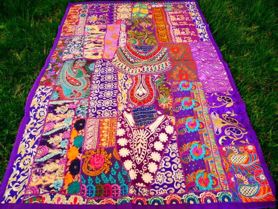 Indischer Wandbehang vintage Sari Patchwork Wandteppich Orient bunte Wanddeko, boho hippie Deko
