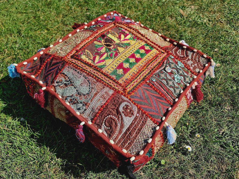 Indian floor pillow - Hippie Meditation cushion cover | Decorative Boho Throw Pillow | Colorful Floor Pillow Cover Indian floor seating Red