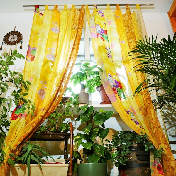 Boho curtain Indian saree drapes | handmade patchwork curtains for bohemian window decor hippie bedroom | bed canopy curtains yoga decor