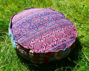 Round meditation cushion cover Kantha embroidery -boho floor cushion - bohemian throw pillow - Indian Hippie floor seating COVER ONLY