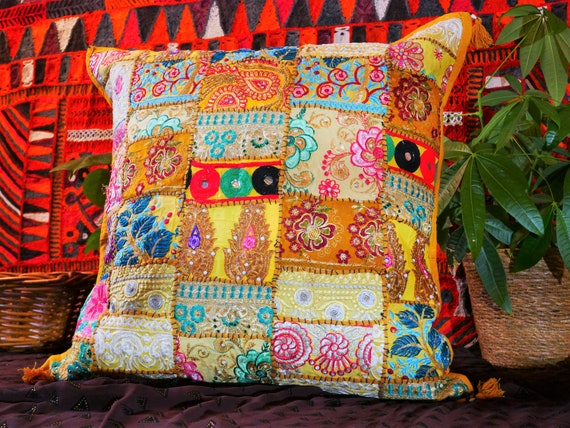 Large Indian Patchwork Pillow Boho Pillow Cover 24 Hippie inspired Bohemian Style Floor Seating Pillow Meditation Decor Yoga Gift Etsy