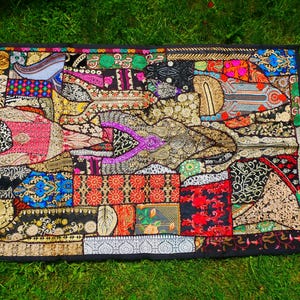 Colorful wall decor Indian wall tapestry | Hippie patchwork wall hanging - yoga or medtation room decor | handmade saree wall hanging Black