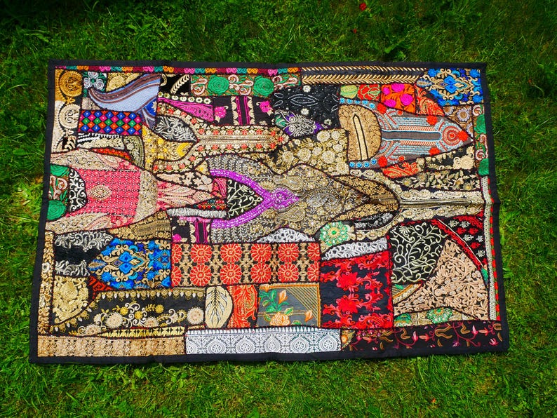 Colorful wall decor Indian wall tapestry | Hippie patchwork wall hanging - yoga or medtation room decor | handmade saree wall hanging Black