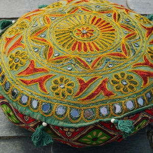 Round floor pillow - meditation cushion - boho style floor pouf - embroidered throw pillow for Indian floor seating and hippie home decor