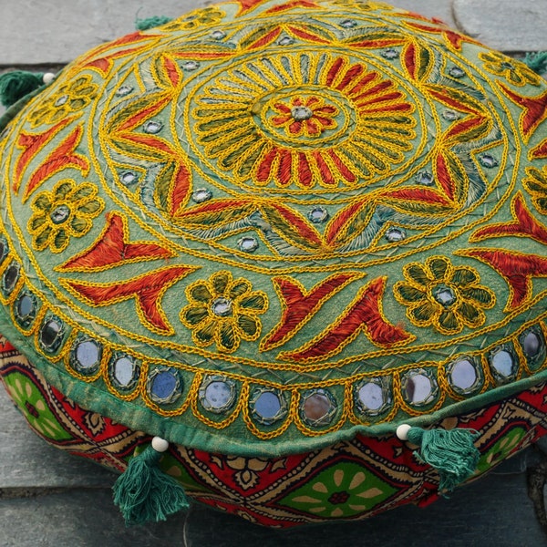 Round floor pillow - meditation cushion - boho style floor pouf - embroidered throw pillow for Indian floor seating and hippie home decor