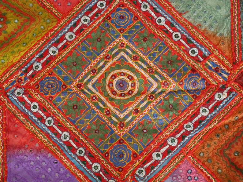 embroidered colorful Indian bedspread with 2 cushion covers Boho bedding set Desert flower multicolor patchwork quilt bohemian decor