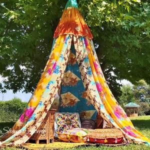 Boho canopy - Saree tent - bed canopy | bohemian wedding backdrop | Indian Hippie decor - floor seating area | meditation room - glamping