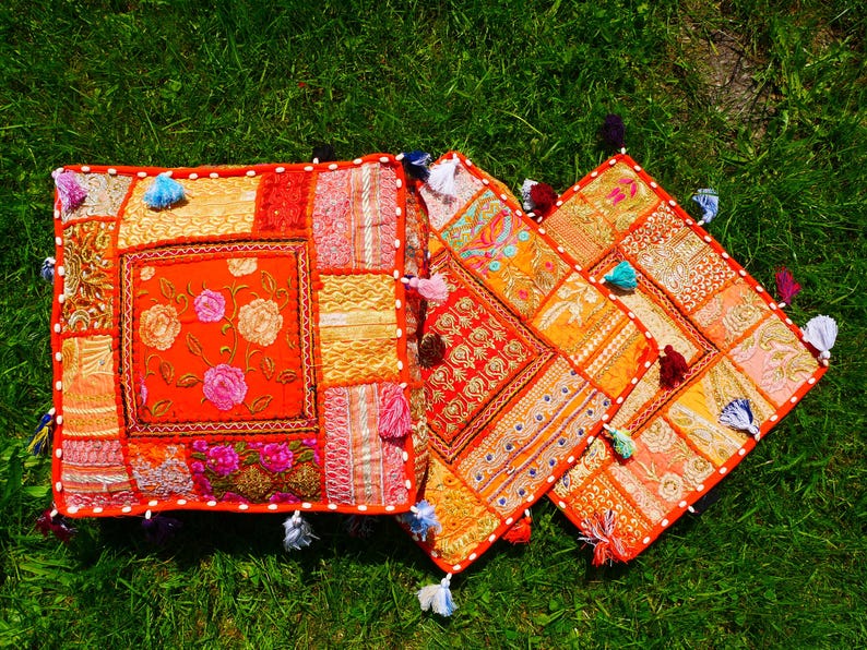 Indian floor pillow - Hippie Meditation cushion cover | Decorative Boho Throw Pillow | Colorful Floor Pillow Cover Indian floor seating Orange