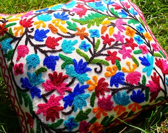 Handmade throw pillow Kashmiri flower embroidery cushion cover colorful floral embroidered pillow case | Indian boho decor