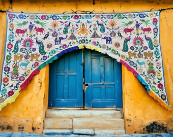 Vintage Indian Tribal Doorway Topper: Handcrafted Hippie Wall Tapestry & Entrance Decor from Gujarat, India