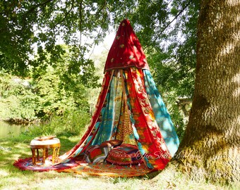 Boho canopy - Saree tent - bed canopy | bohemian wedding backdrop | Festival Hippie decor - floor seating area | meditation room - glamping