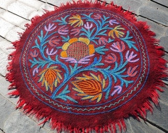 Round rug - Mandala rug | Kashmiri "Namda" felt rug made of Himalayan wool | hand embroidered colorful boho accent rug