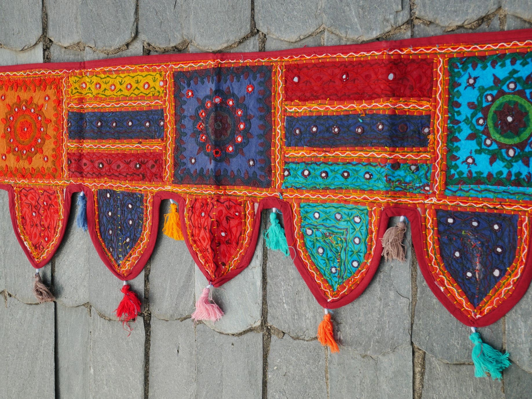 Indian Black Vintage Patchwork Embroidery Toran Door Valance Wall Hanging Decor 