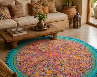 Mandala rug - round wool rug | Kashmiri "Namda" hand felted & embroidered | colorful area rug for boho bedroom - bohemian living room accent
